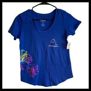 NWT Discovery Cove Blue Dolphin Hibiscus Graphic T-Shirt Top Size M